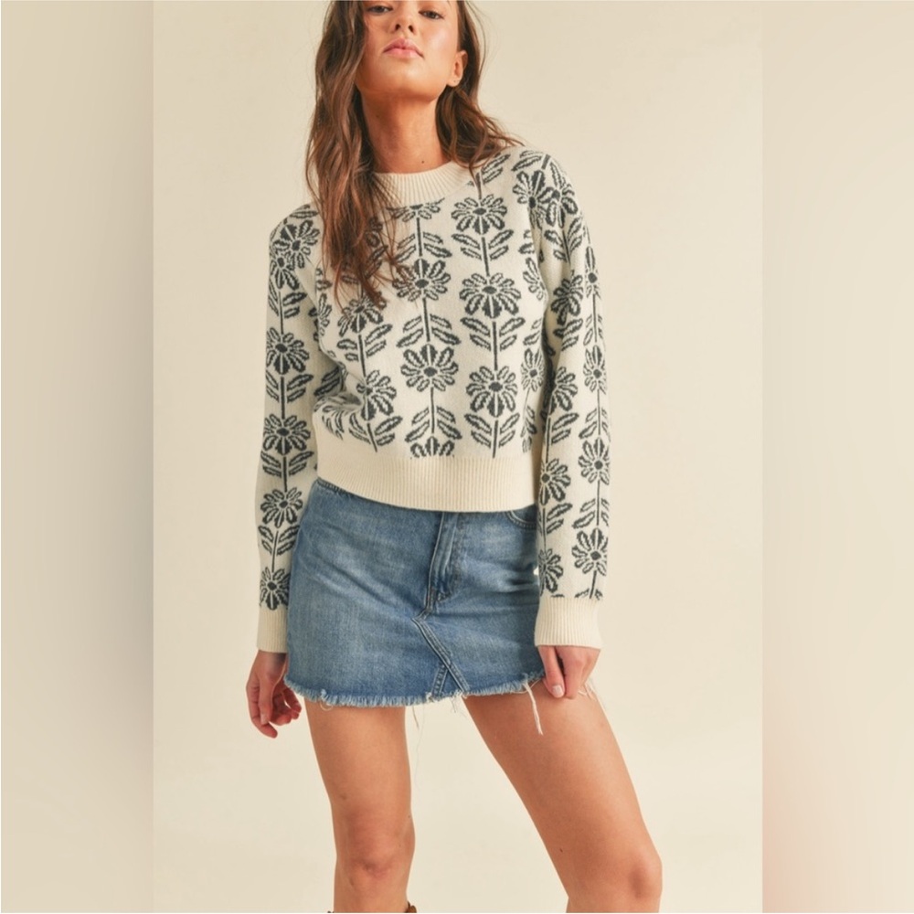 &Merci Floral Darcy Patterned Mockneck Sweater Cream Green size Small